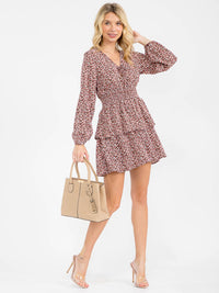 WOMEN'S LONG SLEEVE V-NECK FLORAL SMOCK WAIST MINI DRESS