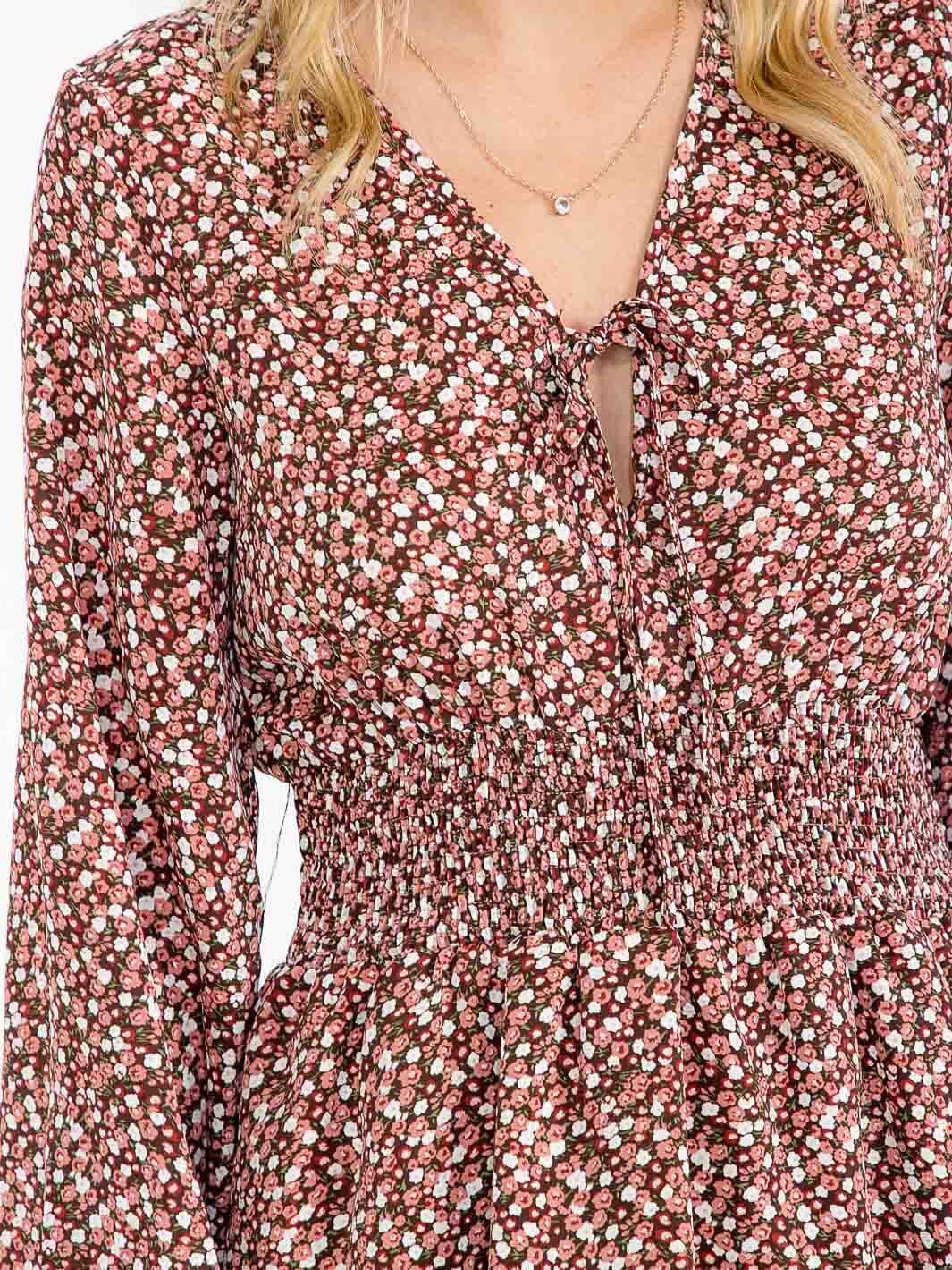 WOMEN'S LONG SLEEVE V-NECK FLORAL SMOCK WAIST MINI DRESS