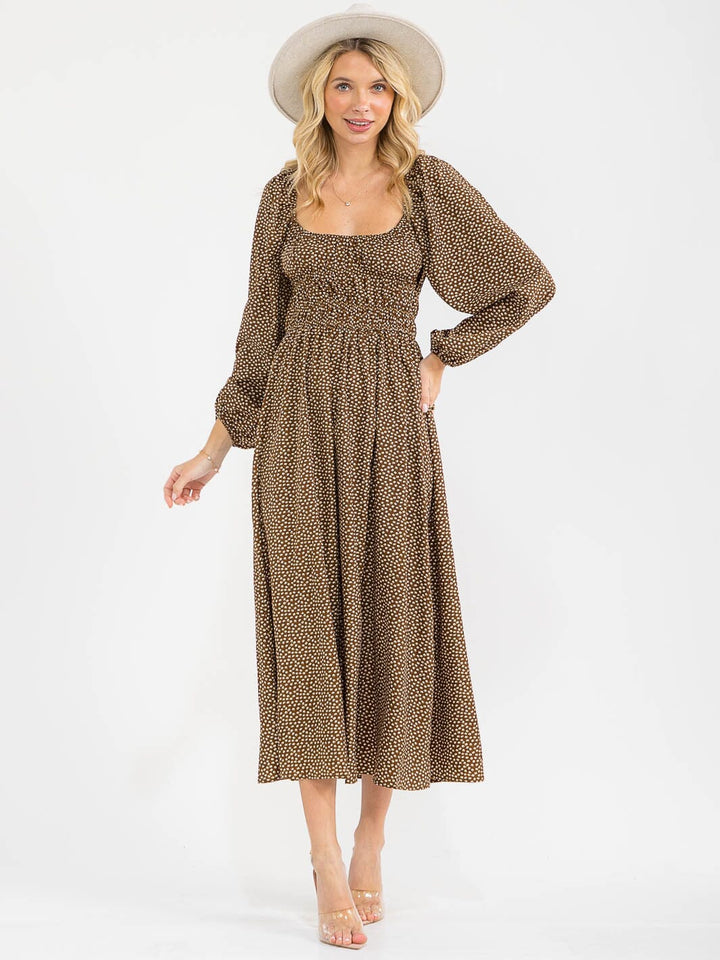 WOMEN'S LONG SLEEVE SQUARE NECK ELASTIC WAIST FLORAL MAXI DRESS