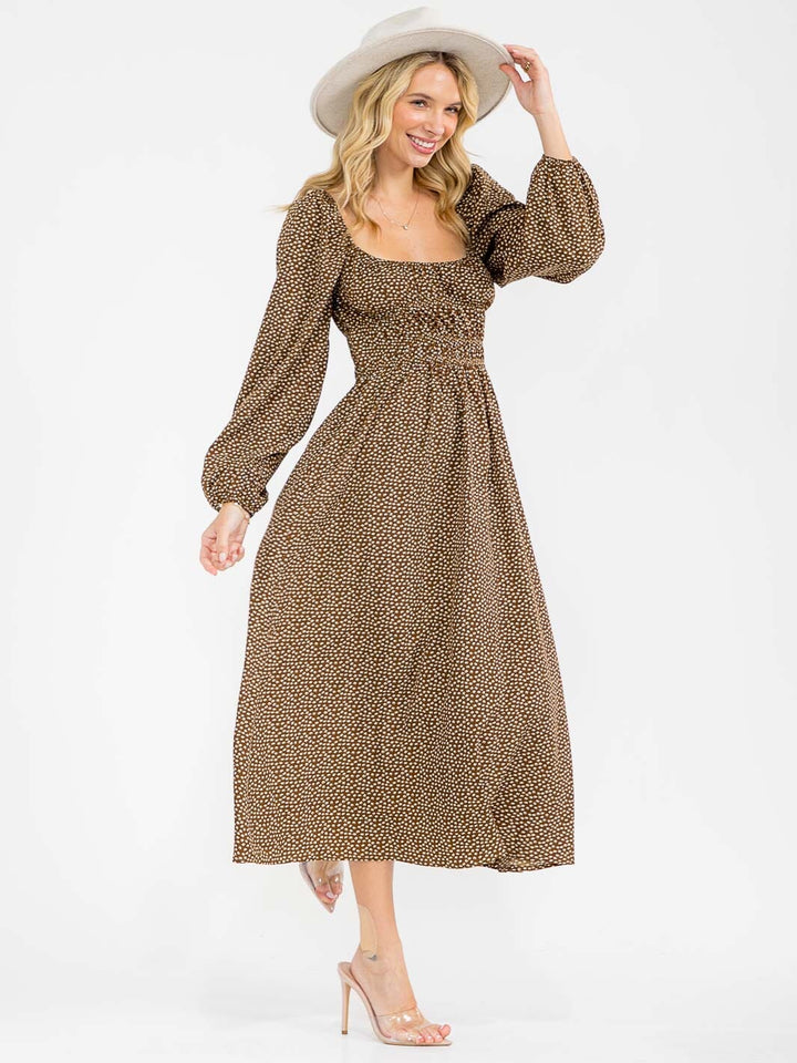 WOMEN'S LONG SLEEVE SQUARE NECK ELASTIC WAIST FLORAL MAXI DRESS