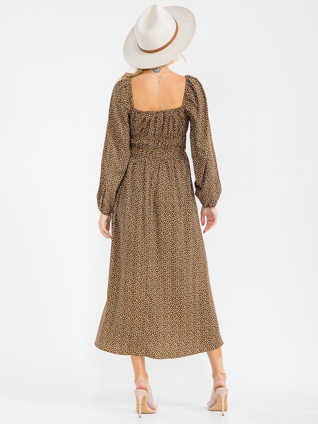 WOMEN'S LONG SLEEVE SQUARE NECK ELASTIC WAIST FLORAL MAXI DRESS