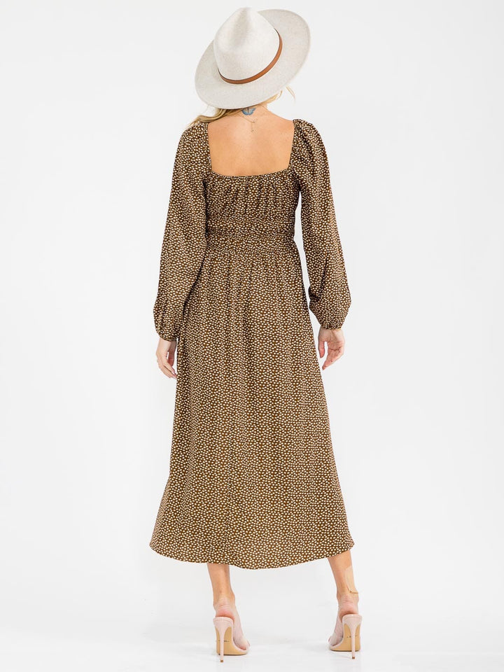 WOMEN'S LONG SLEEVE SQUARE NECK ELASTIC WAIST FLORAL MAXI DRESS