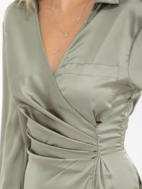 WOMEN'S LONG SLEEVE V-NECK SURPLICE FRONT POCKET MINI DRESS