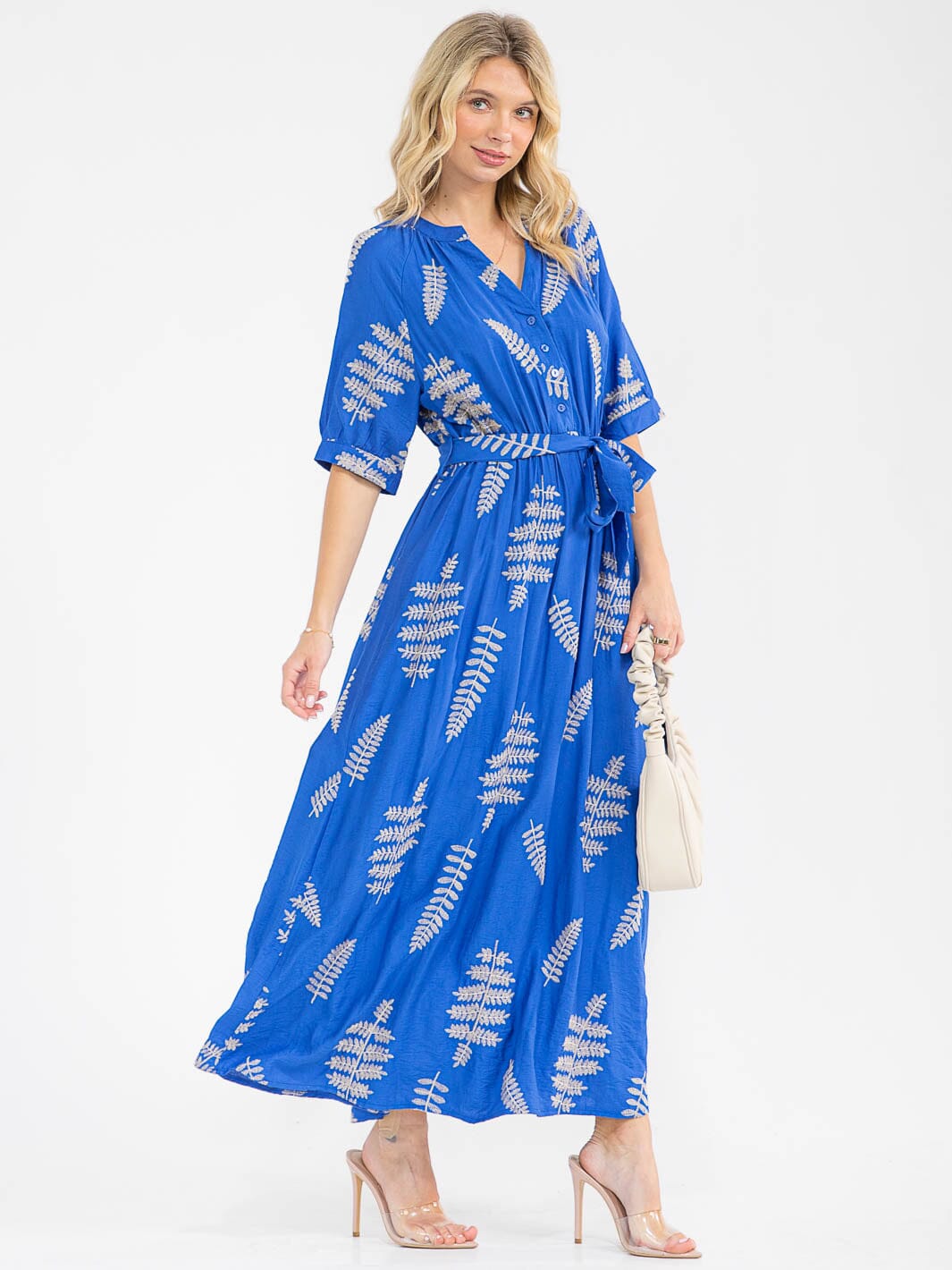 WOMEN'S SHORT SLEEVE BUTTON UP SELF TIE EMBROIDERY MAXI DRESS