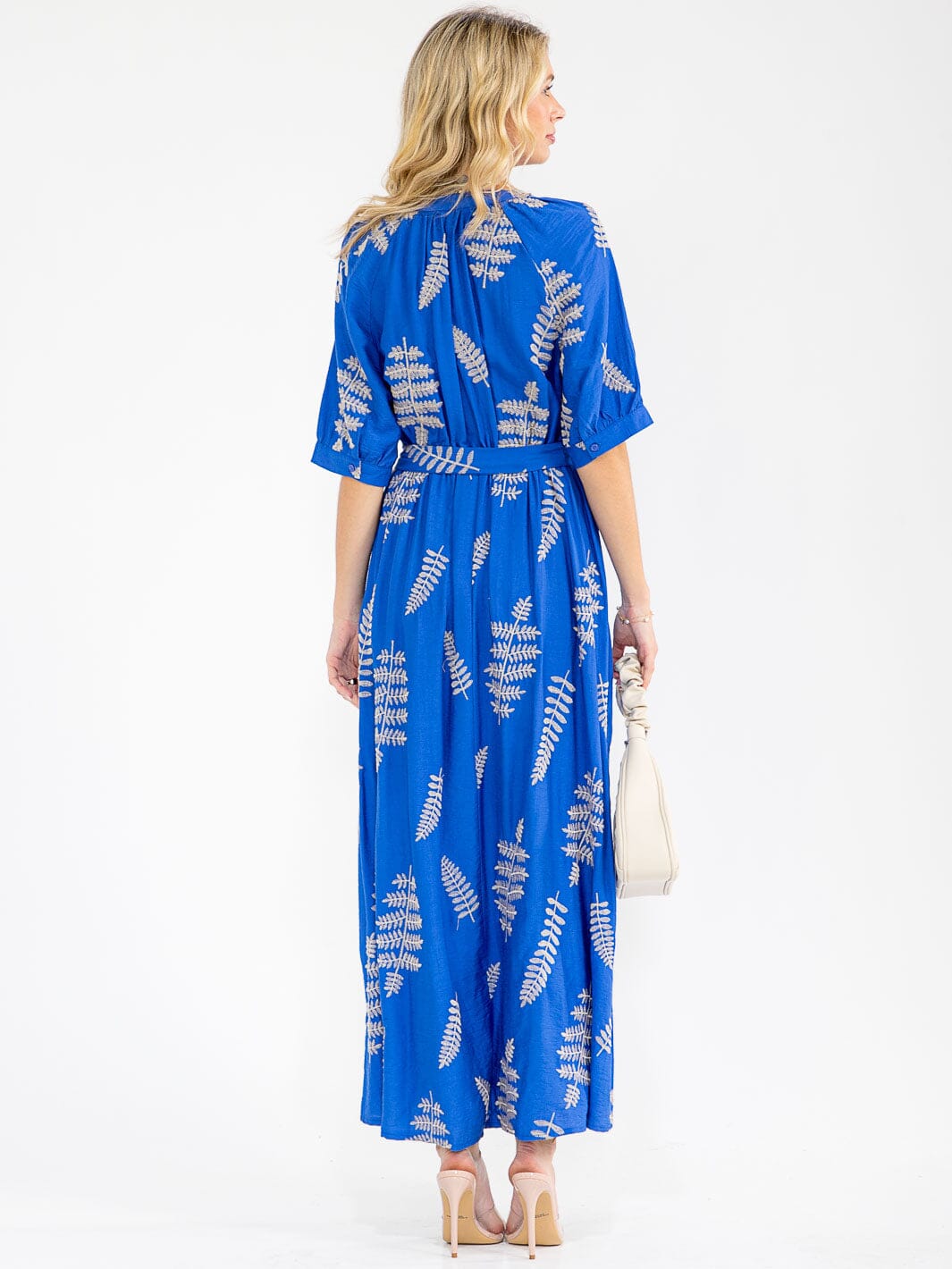 WOMEN'S SHORT SLEEVE BUTTON UP SELF TIE EMBROIDERY MAXI DRESS