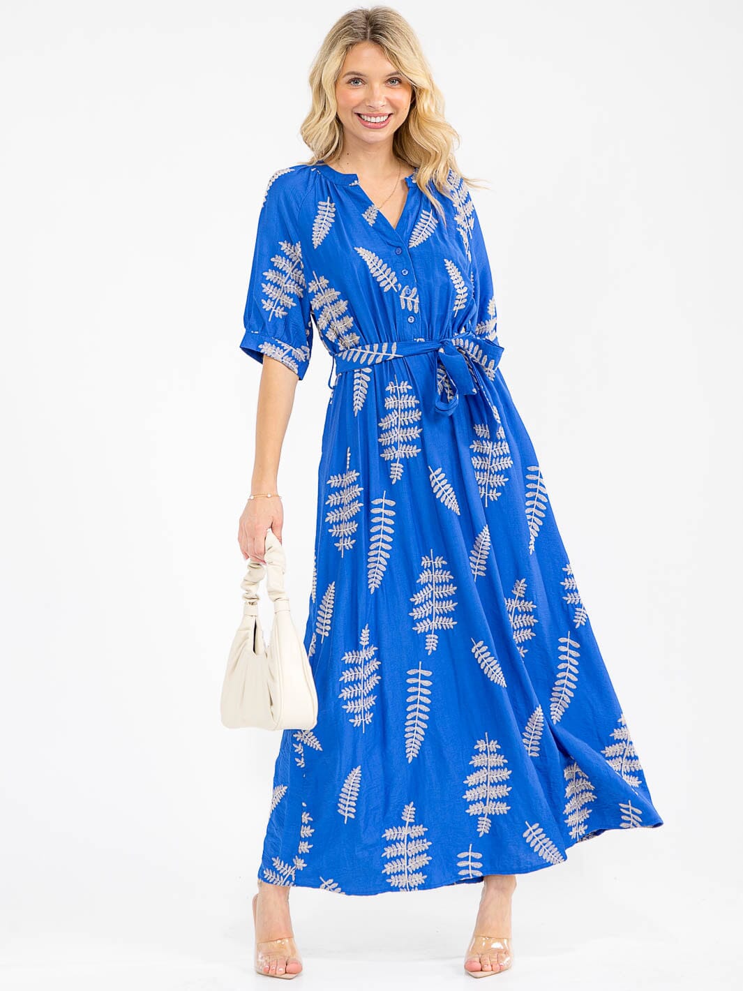 WOMEN'S SHORT SLEEVE BUTTON UP SELF TIE EMBROIDERY MAXI DRESS