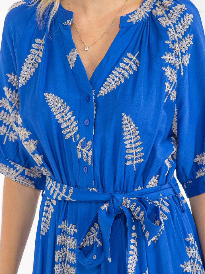 WOMEN'S SHORT SLEEVE BUTTON UP SELF TIE EMBROIDERY MAXI DRESS