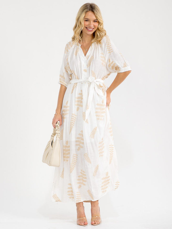 WOMEN'S SHORT SLEEVE BUTTON UP SELF TIE EMBROIDERY MAXI DRESS