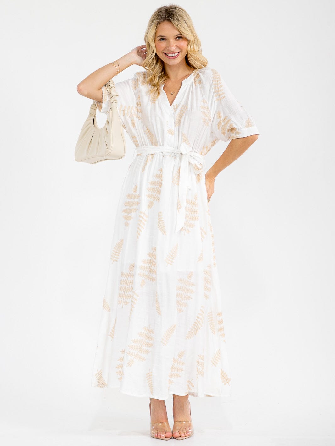 WOMEN'S SHORT SLEEVE BUTTON UP SELF TIE EMBROIDERY MAXI DRESS