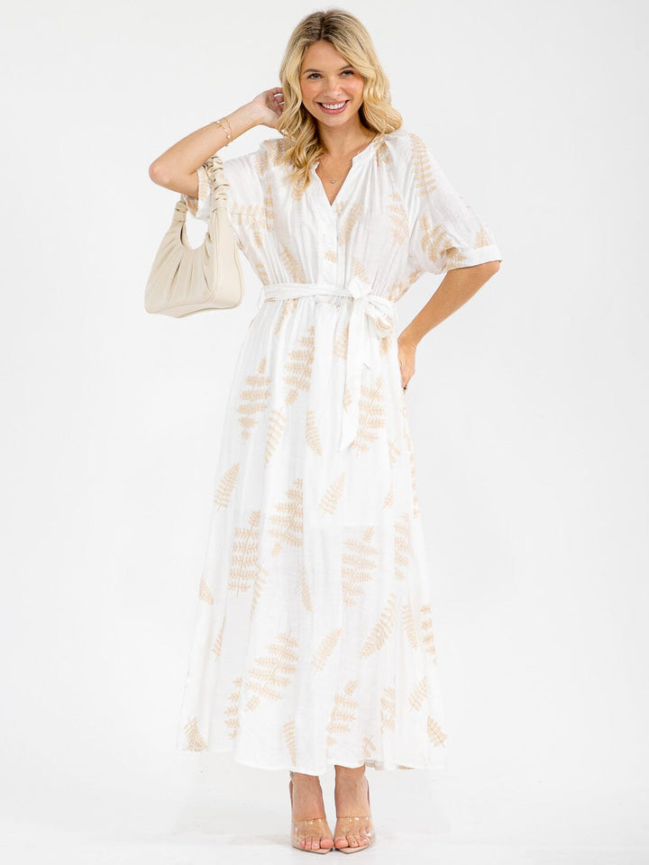 WOMEN'S SHORT SLEEVE BUTTON UP SELF TIE EMBROIDERY MAXI DRESS