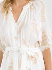 WOMEN'S SHORT SLEEVE BUTTON UP SELF TIE EMBROIDERY MAXI DRESS