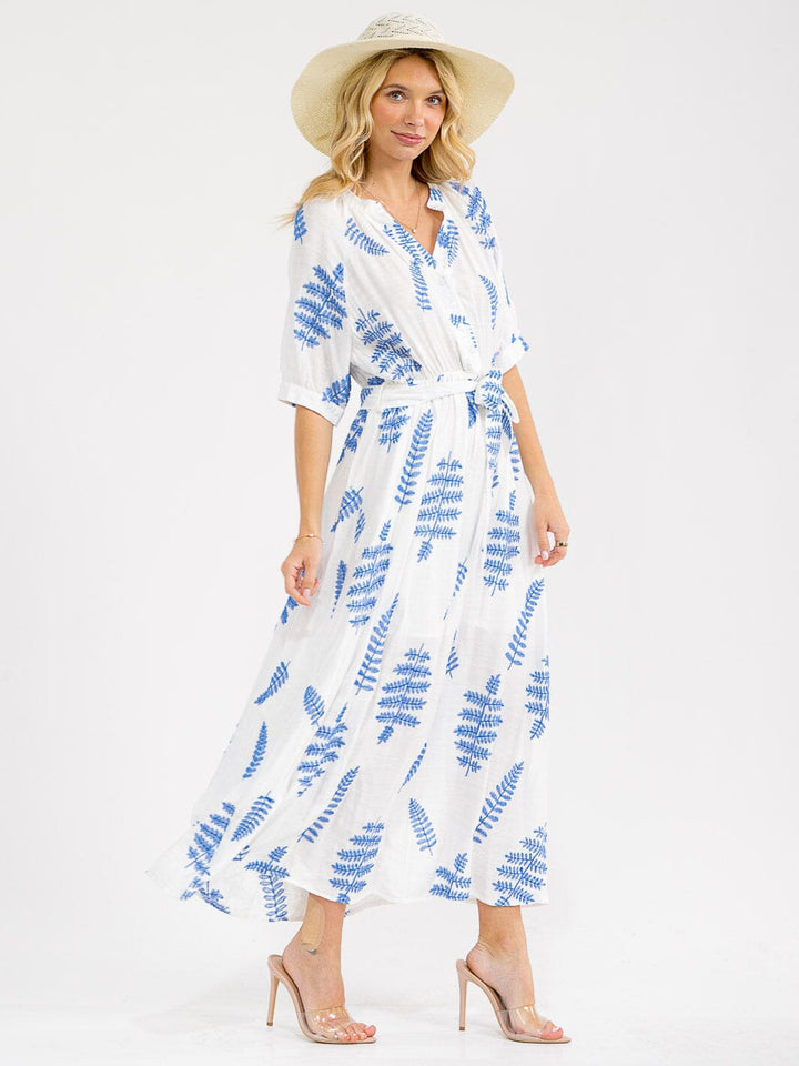 WOMEN'S SHORT SLEEVE BUTTON UP SELF TIE EMBROIDERY MAXI DRESS