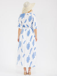 WOMEN'S SHORT SLEEVE BUTTON UP SELF TIE EMBROIDERY MAXI DRESS