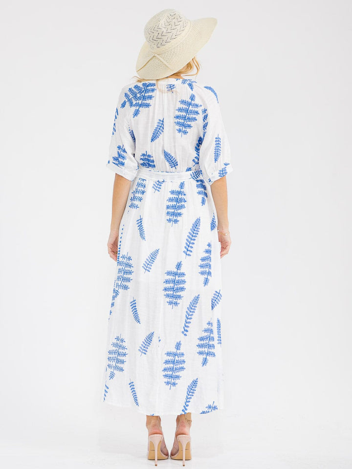 WOMEN'S SHORT SLEEVE BUTTON UP SELF TIE EMBROIDERY MAXI DRESS