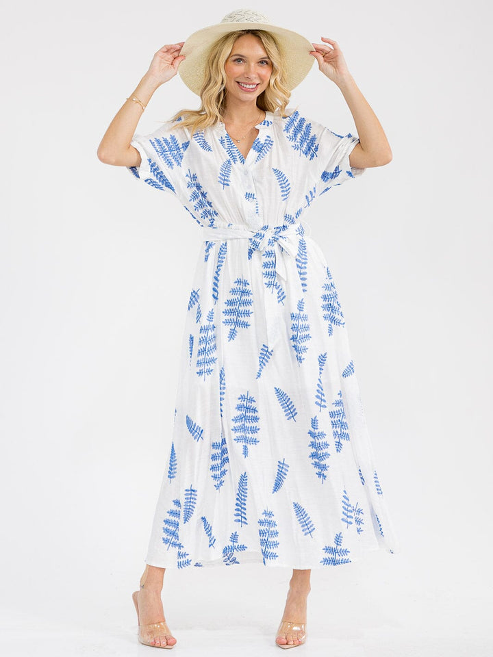 WOMEN'S SHORT SLEEVE BUTTON UP SELF TIE EMBROIDERY MAXI DRESS