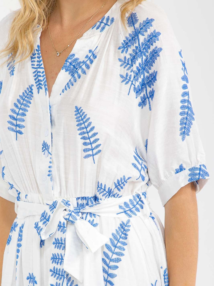 WOMEN'S SHORT SLEEVE BUTTON UP SELF TIE EMBROIDERY MAXI DRESS