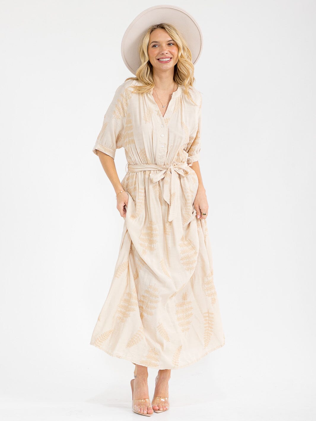 WOMEN'S SHORT SLEEVE BUTTON UP SELF TIE EMBROIDERY MAXI DRESS