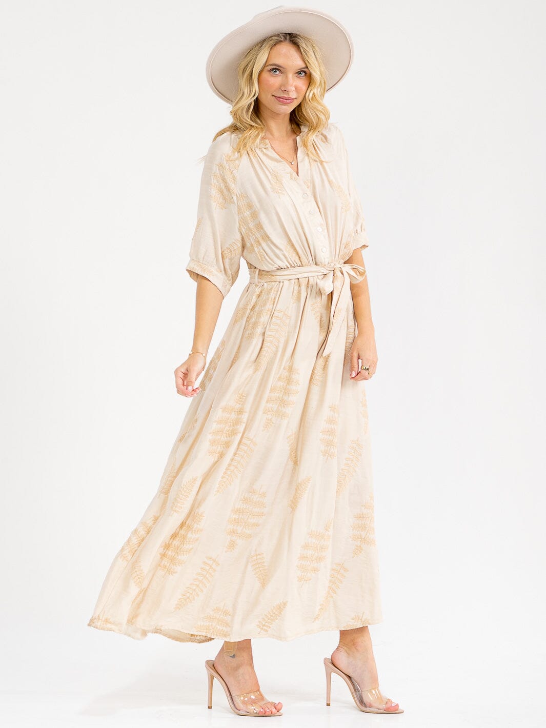 WOMEN'S SHORT SLEEVE BUTTON UP SELF TIE EMBROIDERY MAXI DRESS