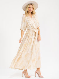 WOMEN'S SHORT SLEEVE BUTTON UP SELF TIE EMBROIDERY MAXI DRESS