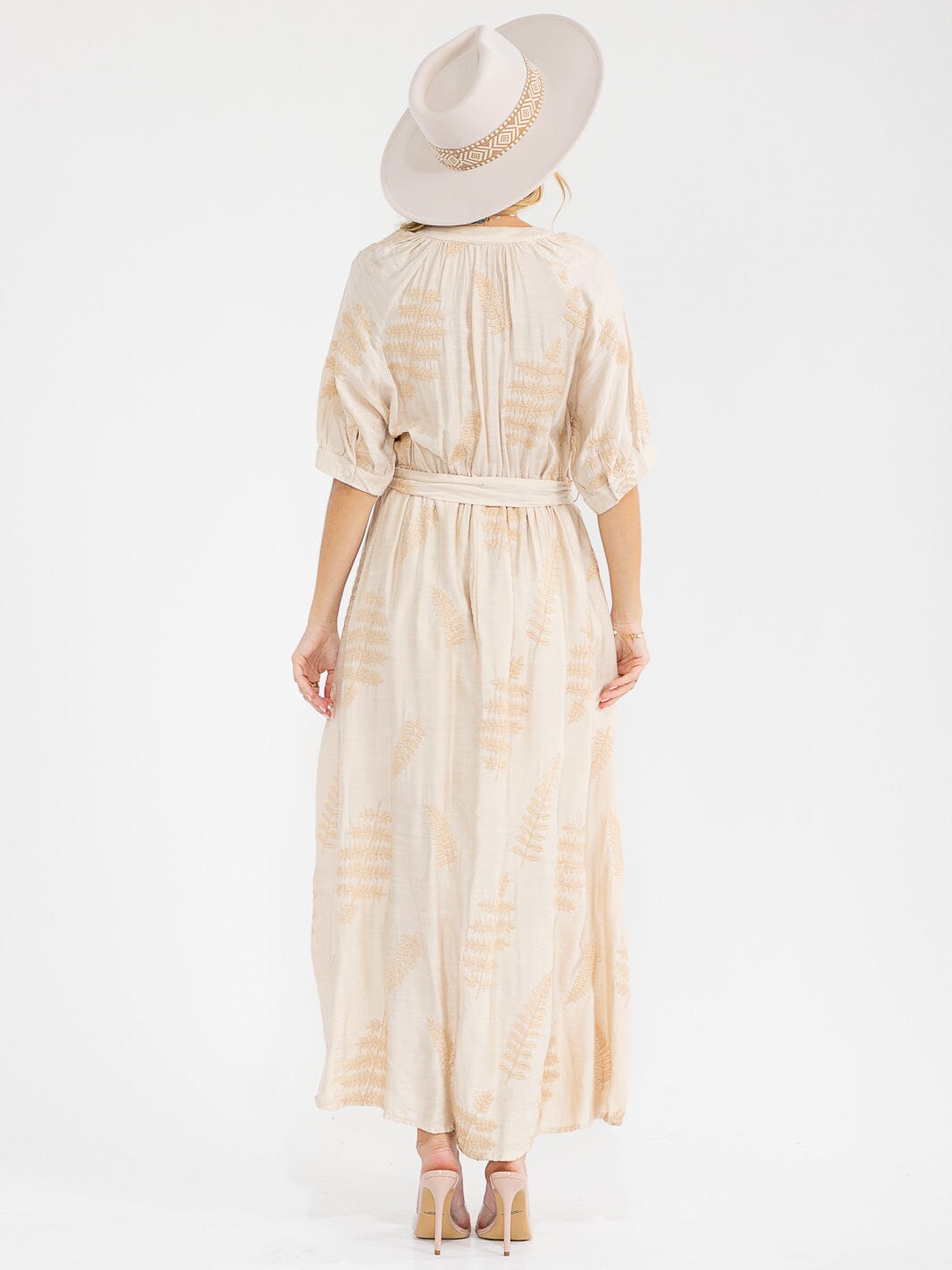 WOMEN'S SHORT SLEEVE BUTTON UP SELF TIE EMBROIDERY MAXI DRESS