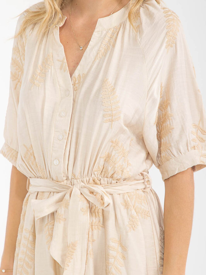 WOMEN'S SHORT SLEEVE BUTTON UP SELF TIE EMBROIDERY MAXI DRESS