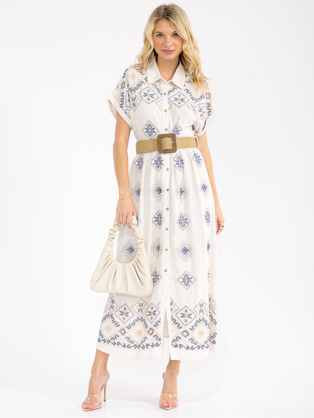 WOMEN'S SHORT SLEEVE BUTTON UP BELTED EMBROIDERY LINEN MAXI DRESS