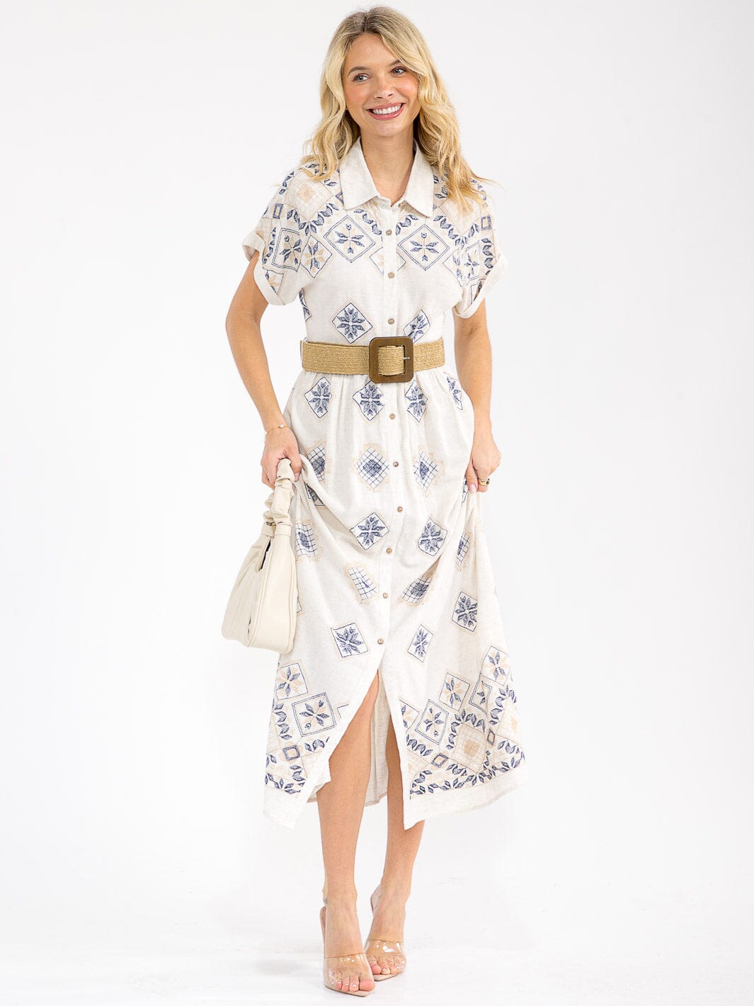 WOMEN'S SHORT SLEEVE BUTTON UP BELTED EMBROIDERY LINEN MAXI DRESS