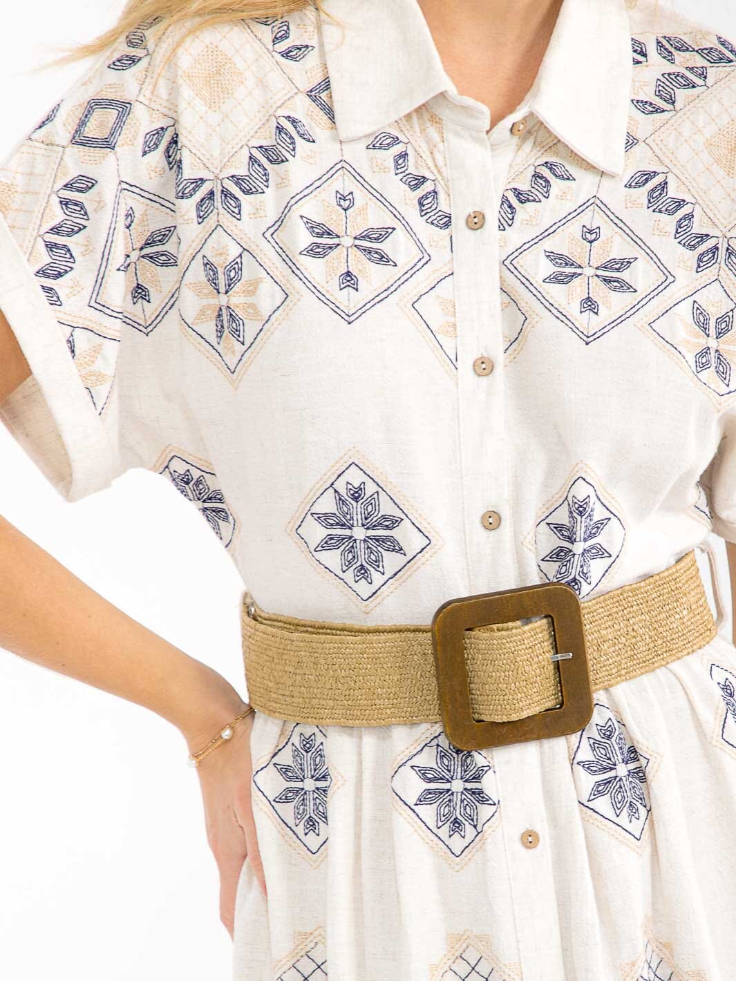 WOMEN'S SHORT SLEEVE BUTTON UP BELTED EMBROIDERY LINEN MAXI DRESS