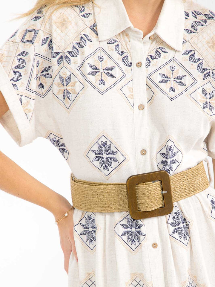 WOMEN'S SHORT SLEEVE BUTTON UP BELTED EMBROIDERY LINEN MAXI DRESS