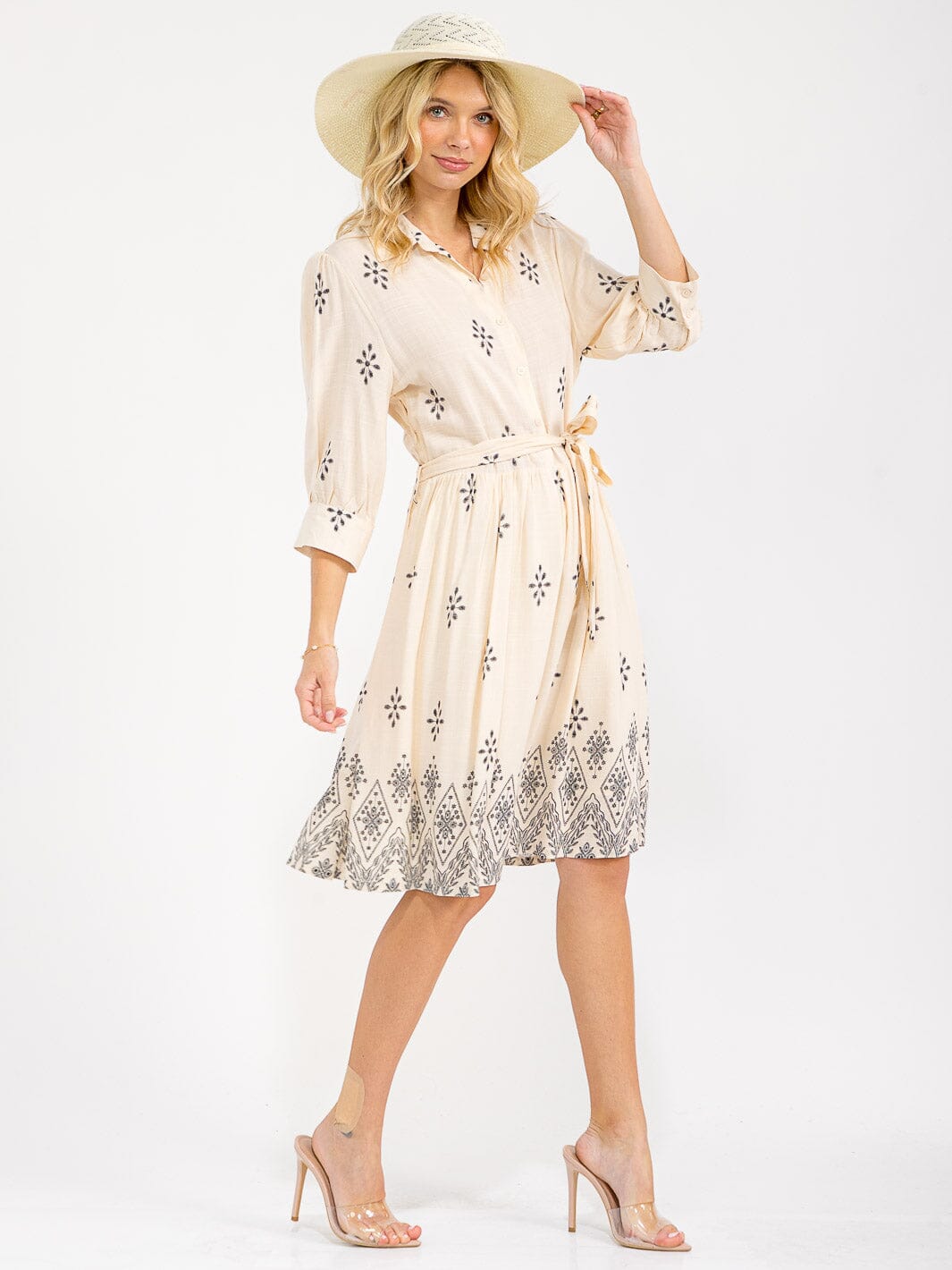 WOMEN'S 3/4 SLEEVE BUTTON UP SELF TIE MULTI PRINT MIDI DRESS