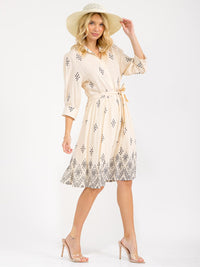 WOMEN'S 3/4 SLEEVE BUTTON UP SELF TIE MULTI PRINT MIDI DRESS