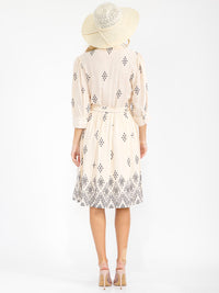 WOMEN'S 3/4 SLEEVE BUTTON UP SELF TIE MULTI PRINT MIDI DRESS