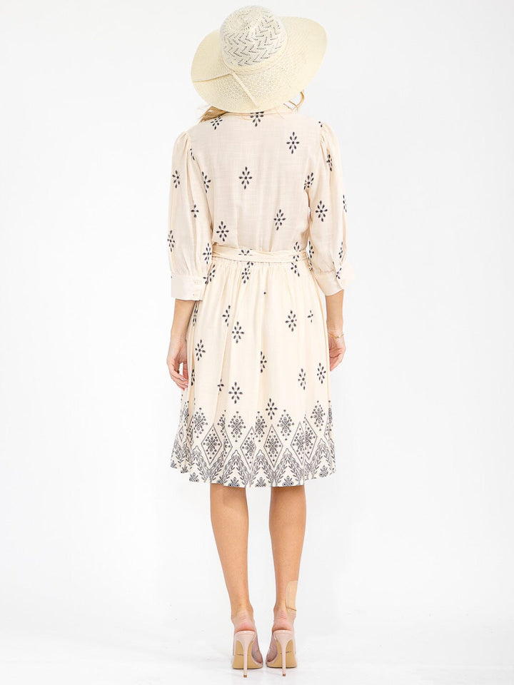 WOMEN'S 3/4 SLEEVE BUTTON UP SELF TIE MULTI PRINT MIDI DRESS