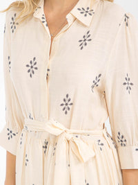 WOMEN'S 3/4 SLEEVE BUTTON UP SELF TIE MULTI PRINT MIDI DRESS
