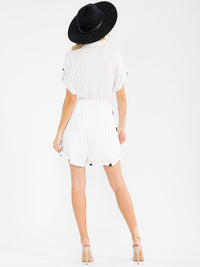WOMEN'S SHORT SLEEVE BUTTON UP FRONT POCKETS EMBROIDERY ROMPER
