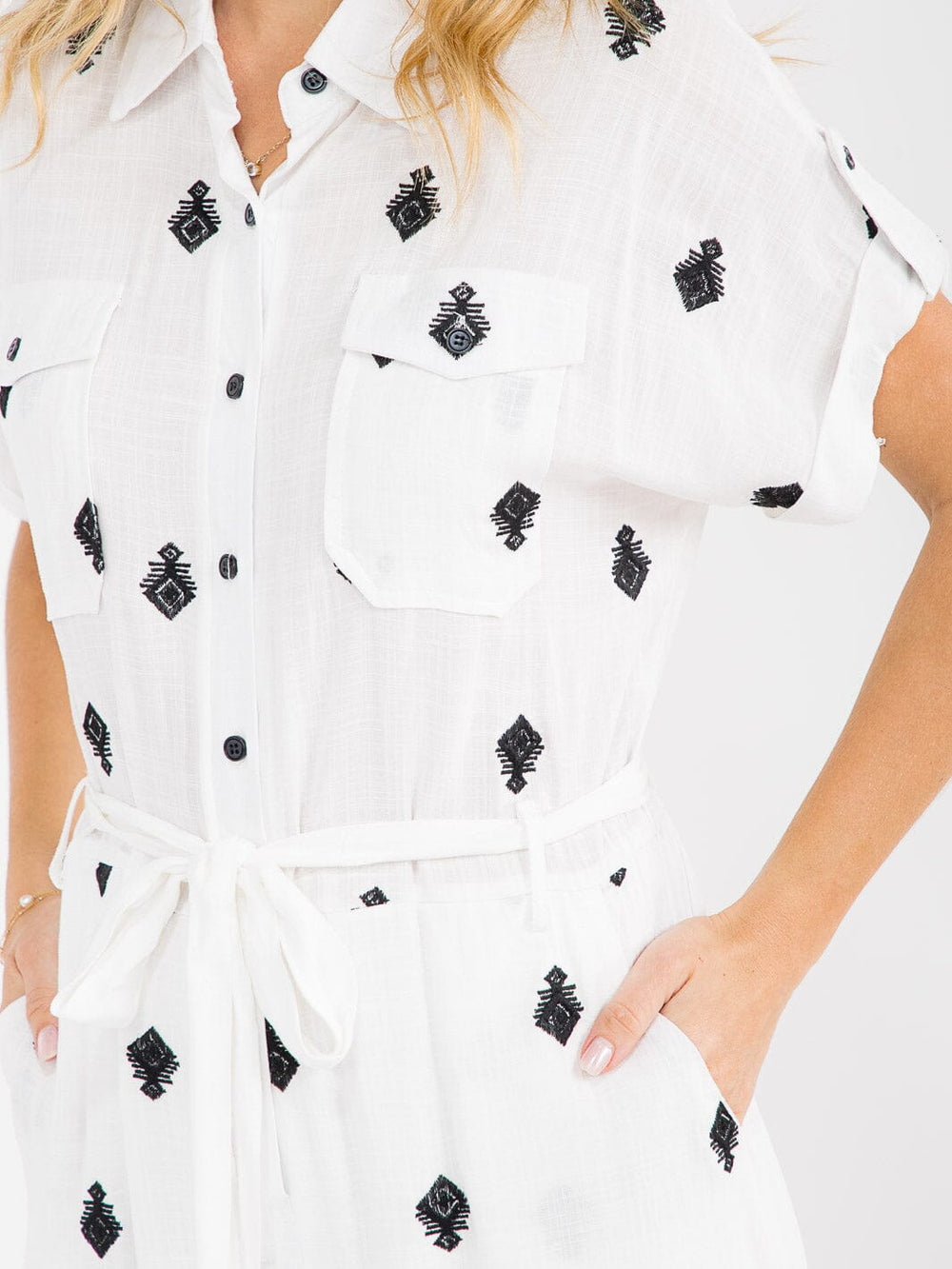 WOMEN'S SHORT SLEEVE BUTTON UP FRONT POCKETS EMBROIDERY ROMPER