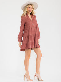 WOMEN'S LONG SLEEVE V-NECK BUTTON UP TIERED TUNIC CORDUROY MINI DRESS