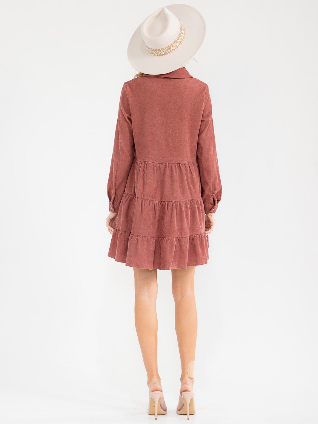 WOMEN'S LONG SLEEVE V-NECK BUTTON UP TIERED TUNIC CORDUROY MINI DRESS