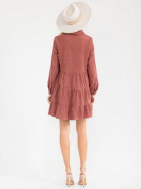 WOMEN'S LONG SLEEVE V-NECK BUTTON UP TIERED TUNIC CORDUROY MINI DRESS
