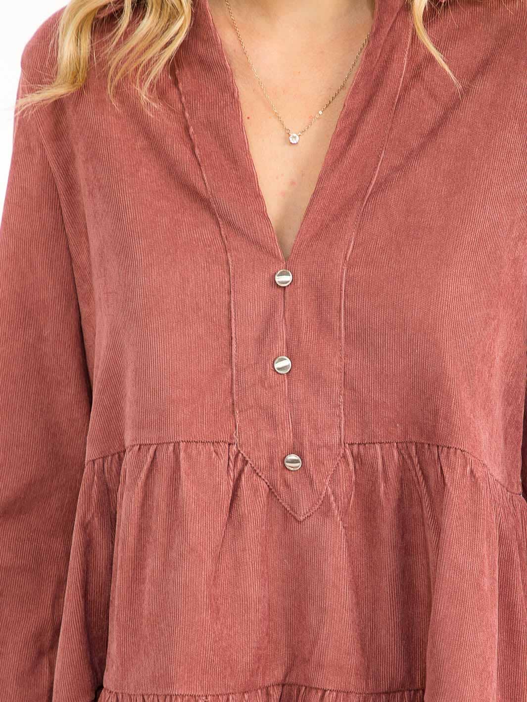 WOMEN'S LONG SLEEVE V-NECK BUTTON UP TIERED TUNIC CORDUROY MINI DRESS