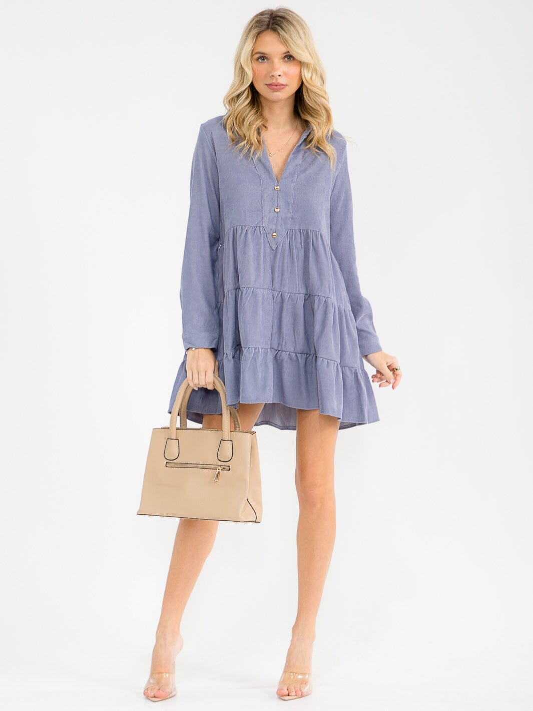 WOMEN'S LONG SLEEVE V-NECK BUTTON UP TIERED TUNIC CORDUROY MINI DRESS