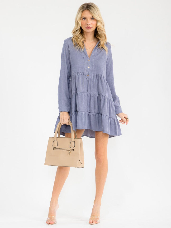 WOMEN'S LONG SLEEVE V-NECK BUTTON UP TIERED TUNIC CORDUROY MINI DRESS