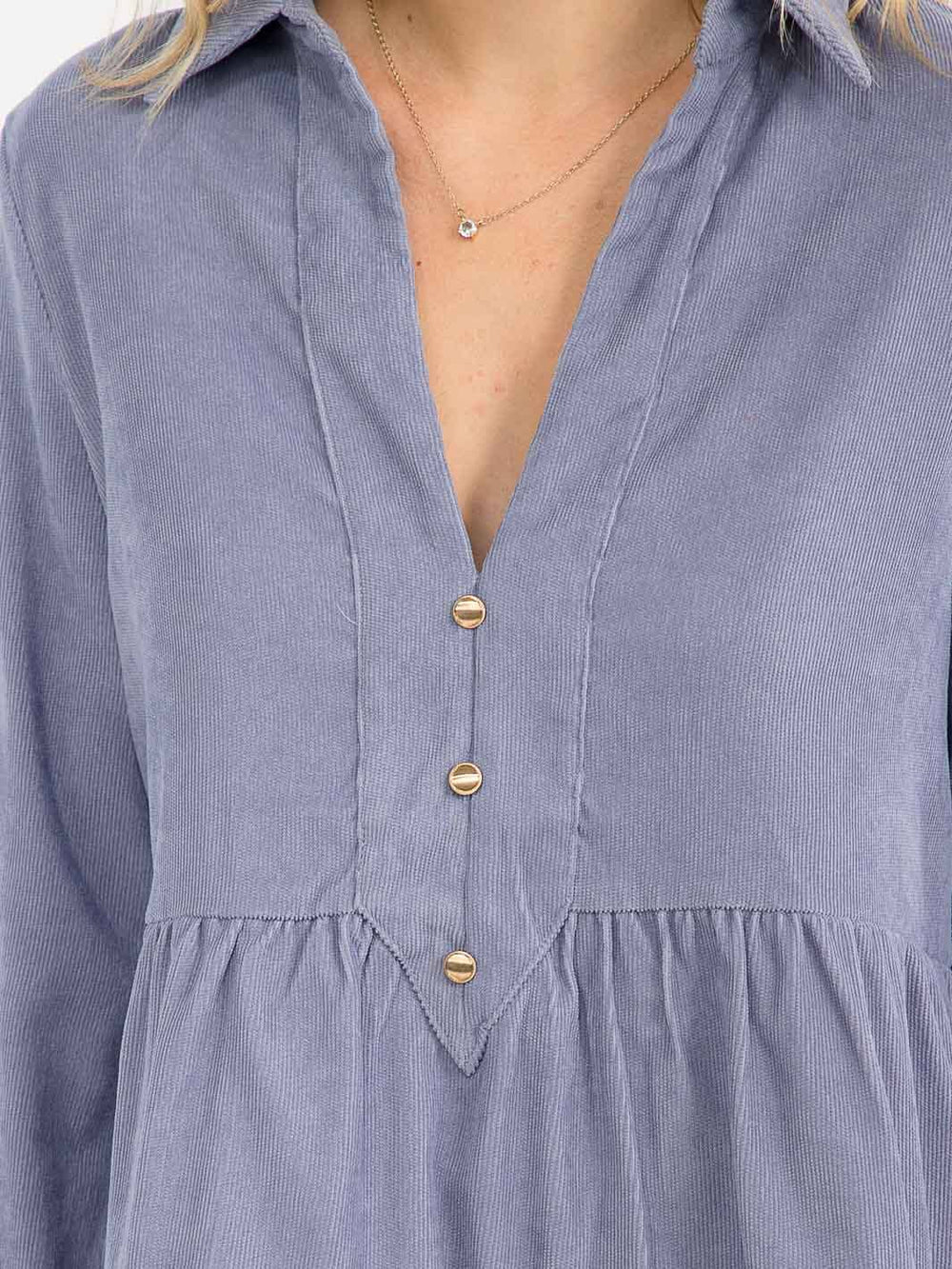 WOMEN'S LONG SLEEVE V-NECK BUTTON UP TIERED TUNIC CORDUROY MINI DRESS