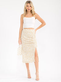 WOMEN'S ZIPPER CLOSURE SIDE SLIT RUCHED FLORAL MIDI SKIRT