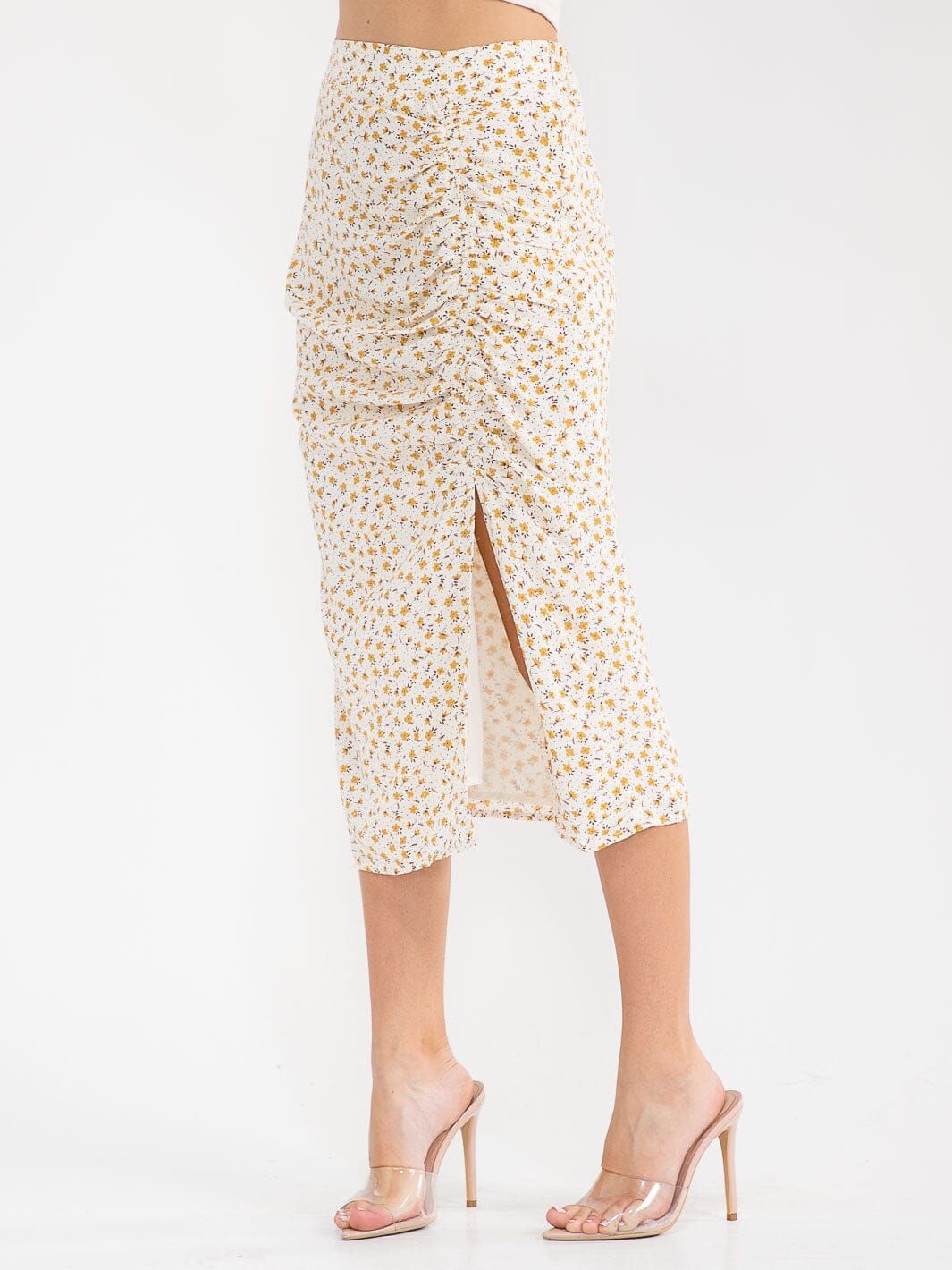 WOMEN'S ZIPPER CLOSURE SIDE SLIT RUCHED FLORAL MIDI SKIRT