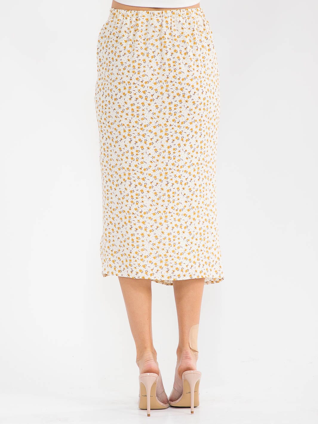 WOMEN'S ZIPPER CLOSURE SIDE SLIT RUCHED FLORAL MIDI SKIRT