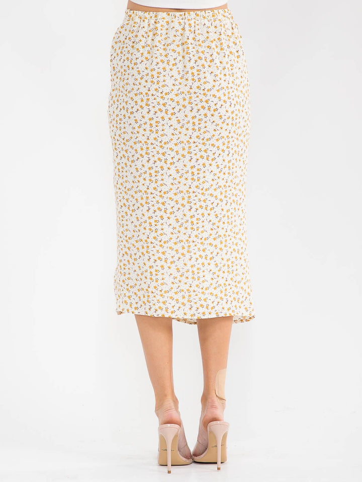 WOMEN'S ZIPPER CLOSURE SIDE SLIT RUCHED FLORAL MIDI SKIRT