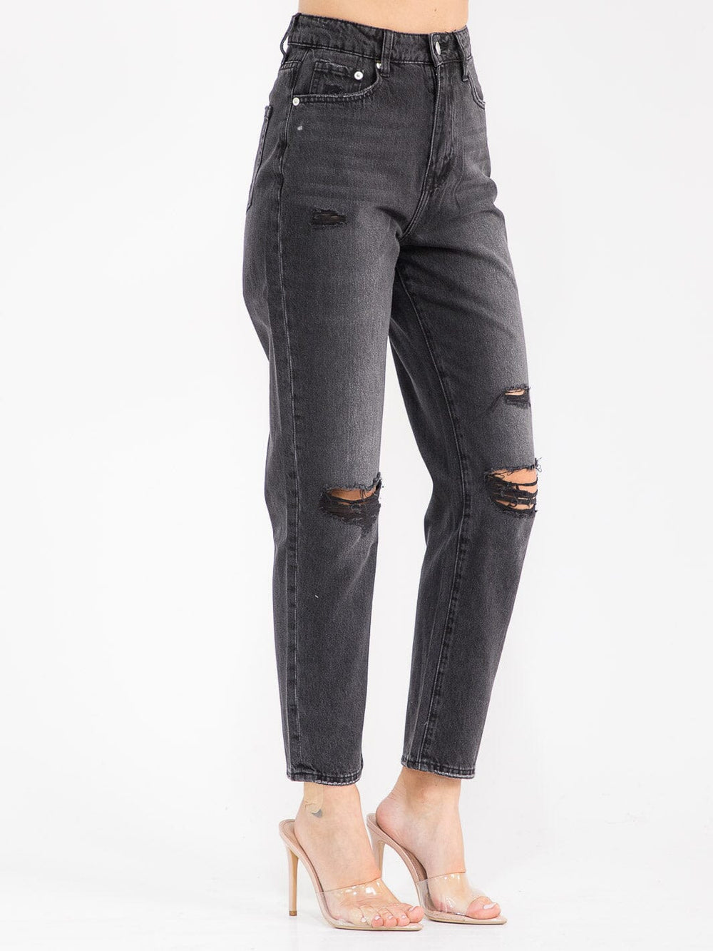 WOMEN'S BUTTON CLOSURE WASHED DISTRESS SKINNY LEG DENIM PANTS