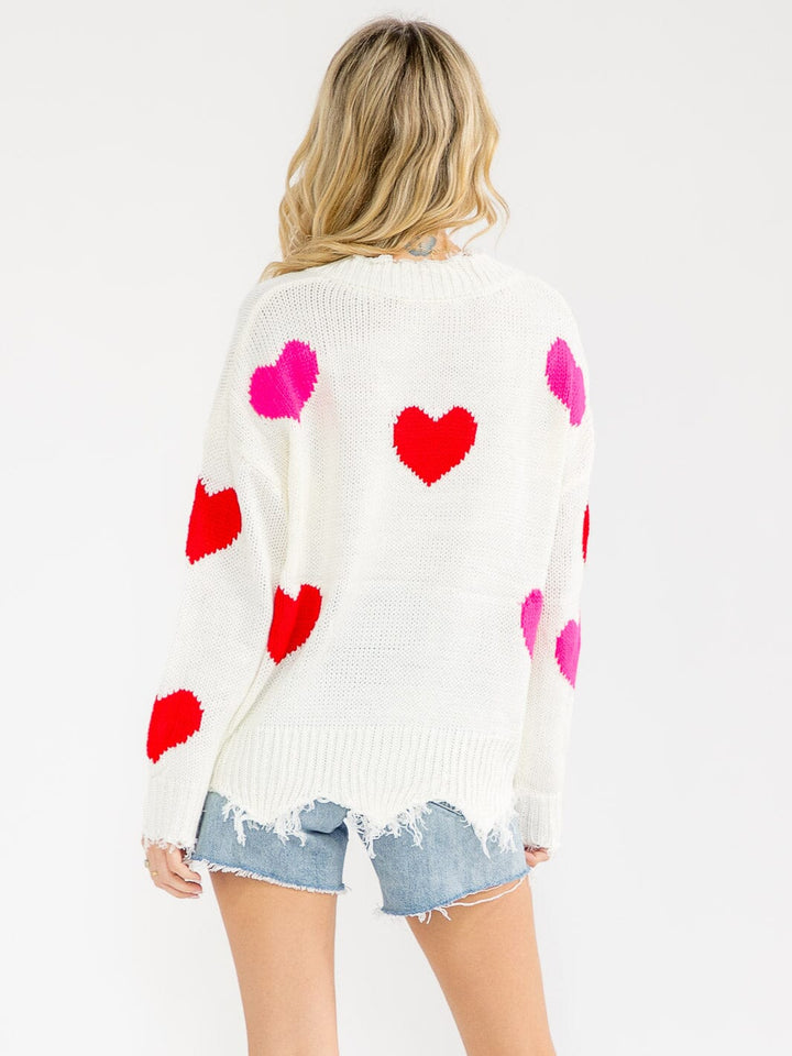WOMEN'S LONG SLEEVE V-NECK HEART KNIT RAW EDGE PULLOVER SWEATER