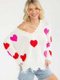 WOMEN'S LONG SLEEVE V-NECK HEART KNIT RAW EDGE PULLOVER SWEATER